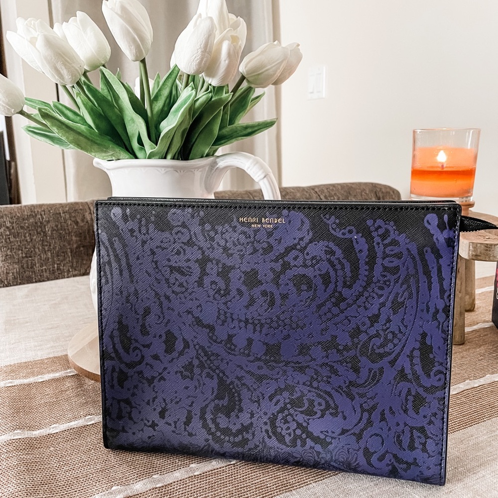 Henri bender cosmetic clutch - purple/blue paisley design